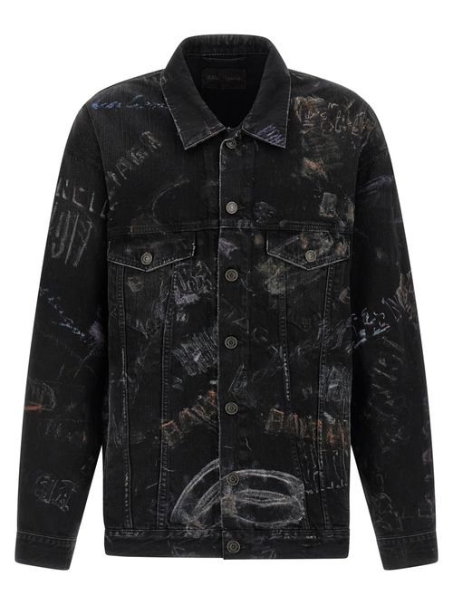 Crayon-Print Oversized Denim Jacket — Black