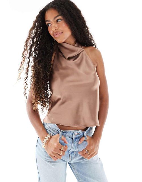 Satin halter top in mink-Neutral