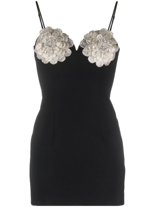Floral-appliqué crystal-embellished minidress - Black