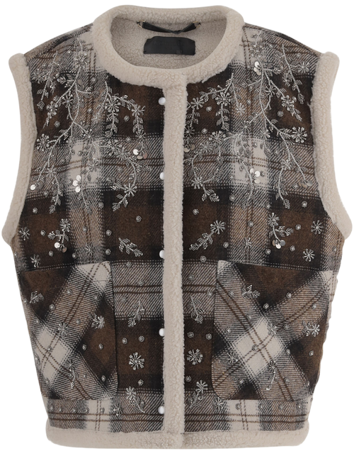 Sleeveless Vest With Floral Embroidery And Check Pattern