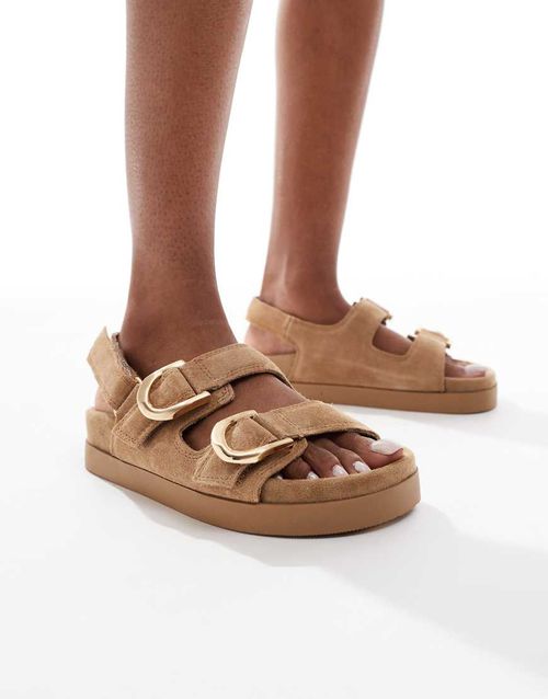 Stradivarius ankle strap leather sandals in tan-Brown