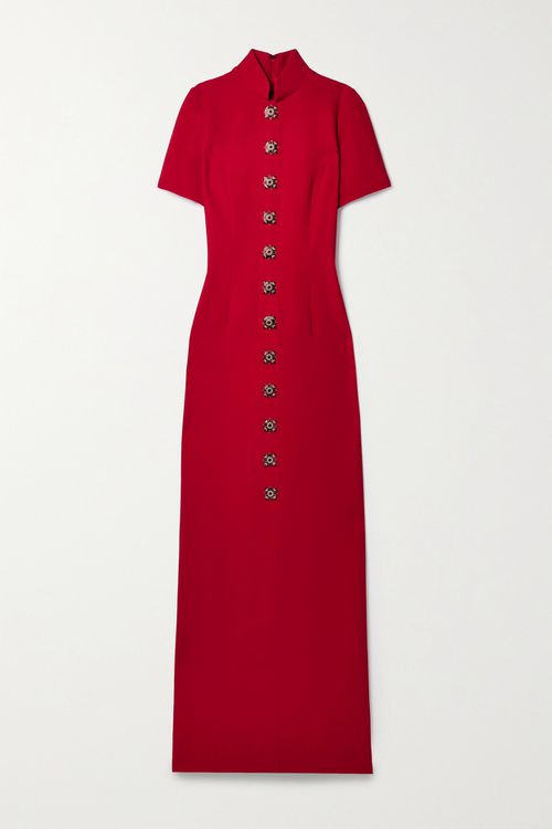 Embellished Crepe Maxi Dress - Red