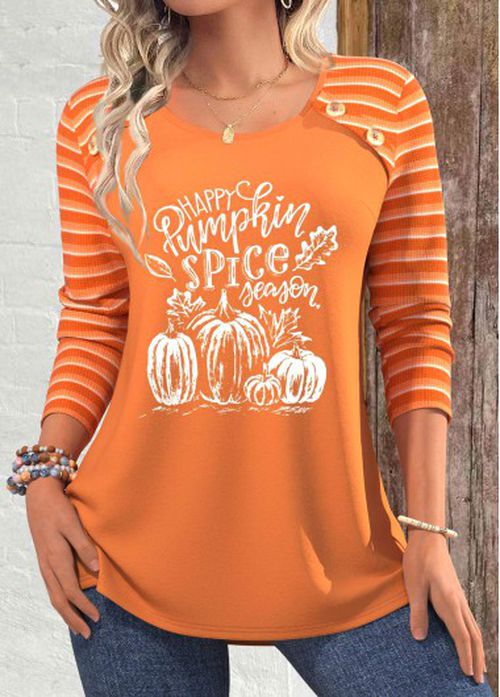 Modlily Terracotta Patchwork Halloween Print Long Sleeve T Shirt