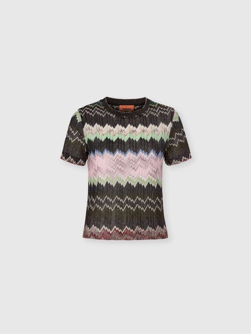 Missoni - Viscose Lamé Crewneck T-Shirt with Ribbed Collar, Women, Green& Brown