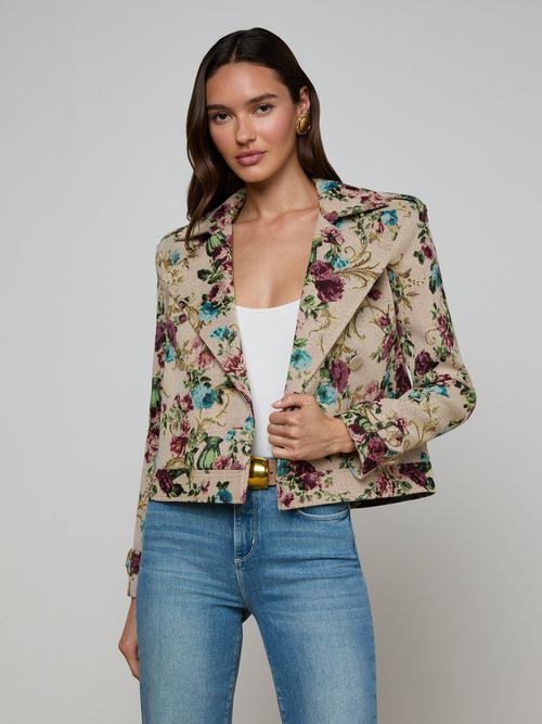 Xoey Cropped Trench Coat In Multi Floral Tapestry