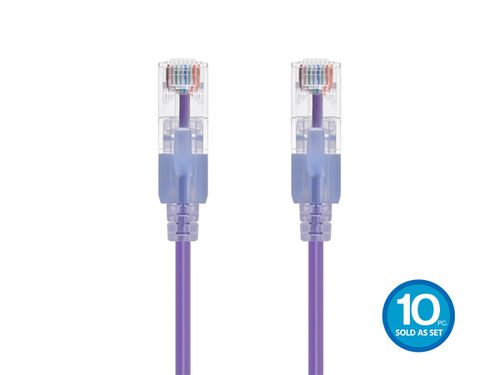 Cat6A 10ft Purple 10-Pk Patch Cable, UTP, 30AWG, 10G, Pure Bare Copper, Snagless RJ45, SlimRun Series Ethernet Cable