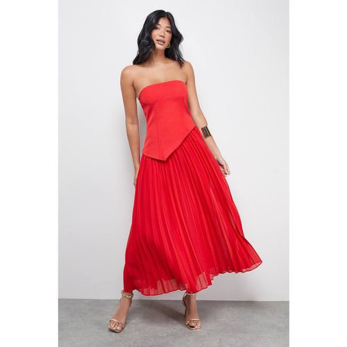 Warehouse Women's Bandeau Bodice Pleated Chiffon Midi Dress in Red
