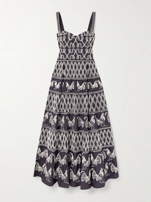 Elida Bead-embellished Embroidered Cotton-blend Poplin Midi Dress - Blue