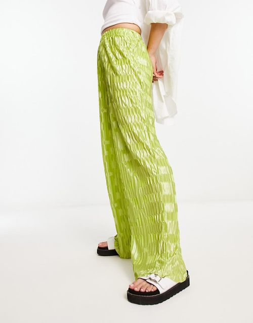 Satin plisse wide leg pants in lime - part of a set-Green