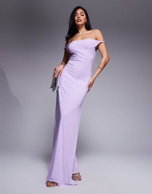 ASOS DESIGN twist shoulder with lace up back maxi dress in lilac-Purple