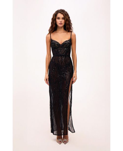 Women's Astonishing Sequined Maxi Gown On Spaghetti Straps - Black