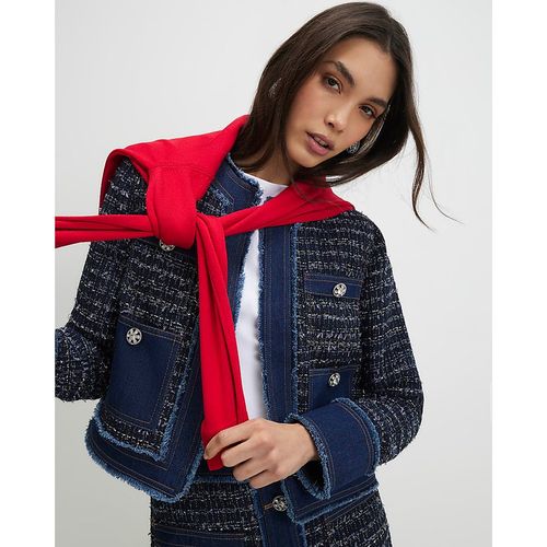 River Island Womens Denim Jacket Blue Boucle Fabric Collarless - X-Sma