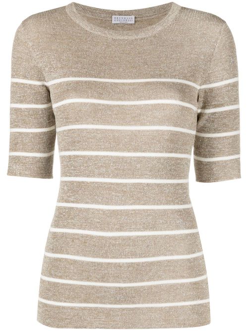 Striped short-sleeve knitted top - Neutrals