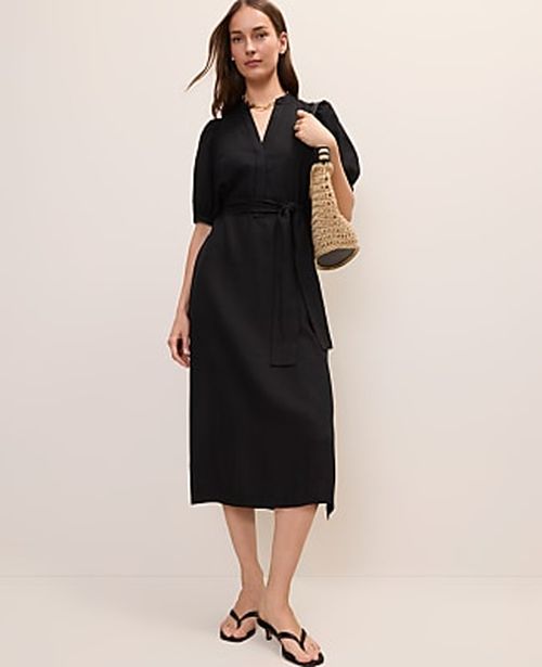 Ann Taylor Puff Sleeve Midi Dress in Linen Blend