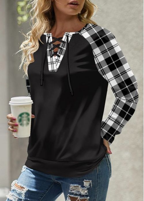 Modlily Black Lace Up Plaid Long Sleeve Round Neck Sweatshirt