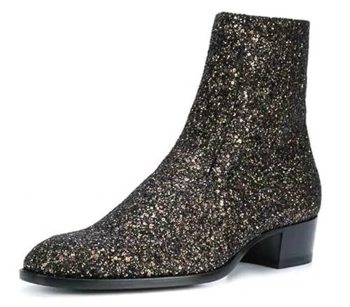 Santimon Men's Glitter Sequin Dress Ankle Chelsea Boots -Fashion Genunie Leather Western Boots with Side Zipper for Party