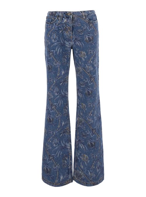 Floral-Print Flared Denim Jeans — Blue