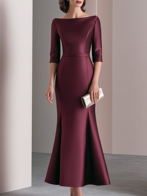 Bateau Neck Structured Satin Mermaid Evening Gown - Burgundy