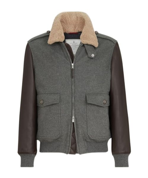 Bonded cashmere beaver cloth and nappa leather bomber jacket with Thermore padding and detachable shearling collar