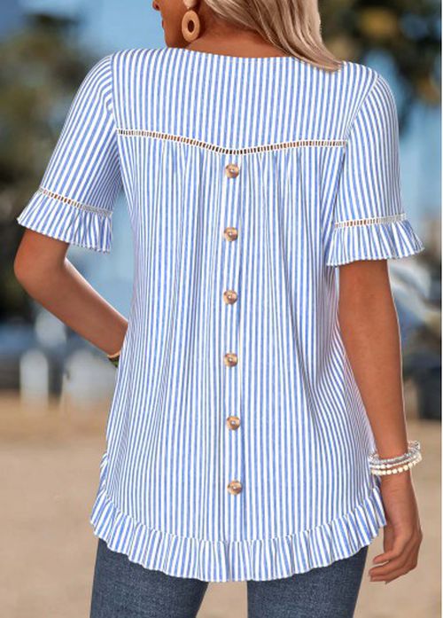 Modlily Blue Striped Frill Short Sleeve Round Neck T Shirt