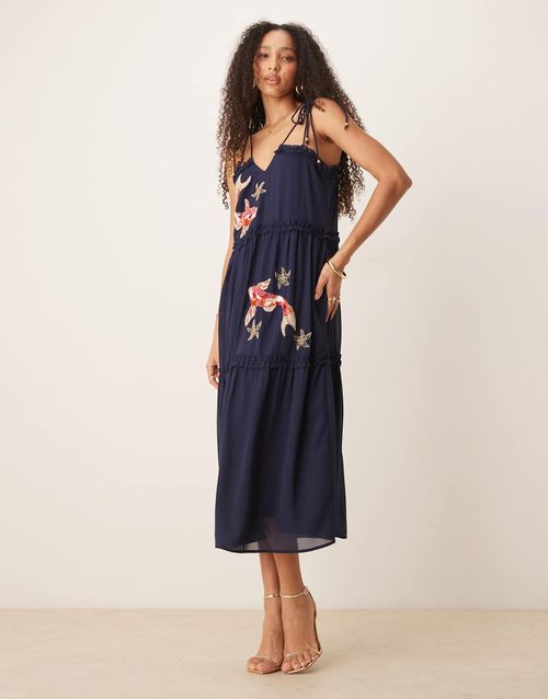 Koi embellished tiered midi dress with tie straps in navy
