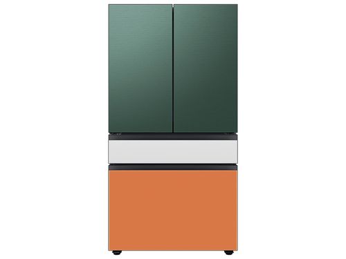 Bespoke 4-Door French Door Refrigerator (29 cu. ft.) with Customizable Door Panel Colors and Beverage Center™ in Emerald Green Steel Top in White Glass Middle, and Clementine Glass Bottom Panels