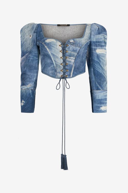 Denim Patchwork-effect Corset With Lacing