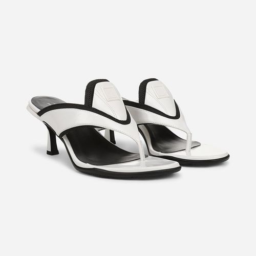 Ravyn Slide Sandals, White Leather / Black Mesh Fabric