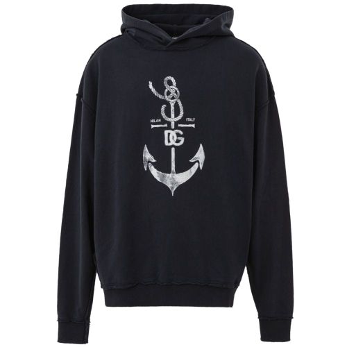 Anchor-Embroidered Cotton Hoodie — Navy