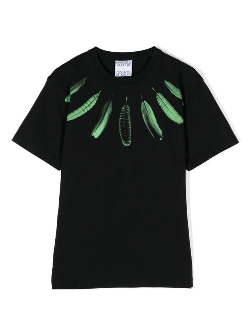 Collar Feathers-print cotton T-shirt - Black