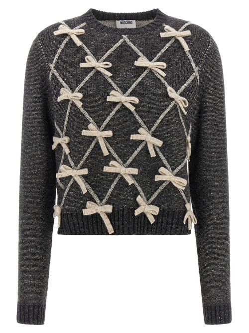 Bow-Embellished Diamond Pattern Sweater — charcoal