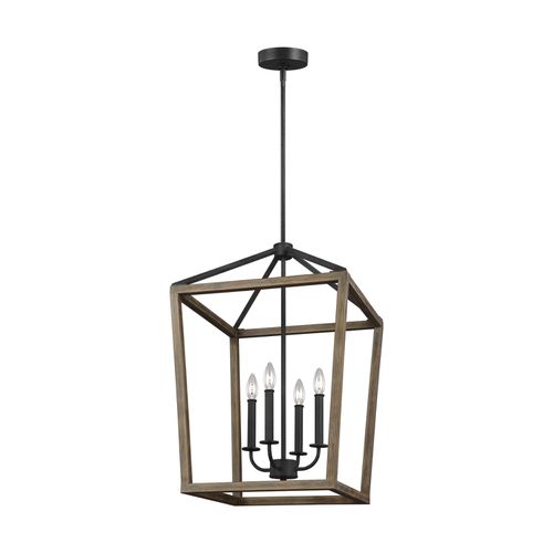 Visual Comfort Studio Gannet 4-Light Chandelier in Weathered Oak Wood And Antique Forged Iron by Sean Lavin