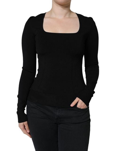 Square-Neck Long-Sleeve Blouse — Black