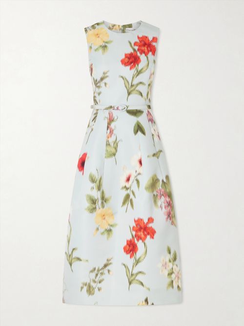 Belted Floral-print Faille Midi Dress - Blue