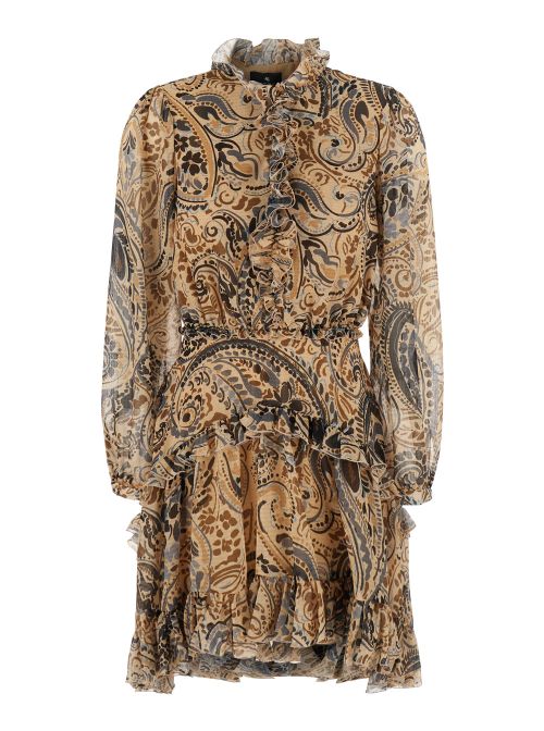 Paisley-Printed Ruffle Mini Dress — Beige