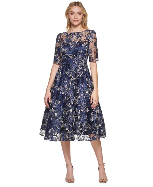 Women's Elbow-Sleeve Illusion Yoke Short Dress - Nvy