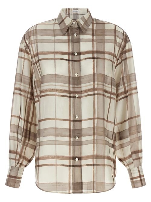 Check-Pattern Silk Blouse — Beige
