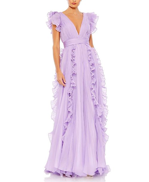 Pleated Ruffle Cap Sleeve Flowy A Line Gown
