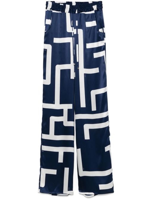 Geometric-Print Silk Trousers — Navy