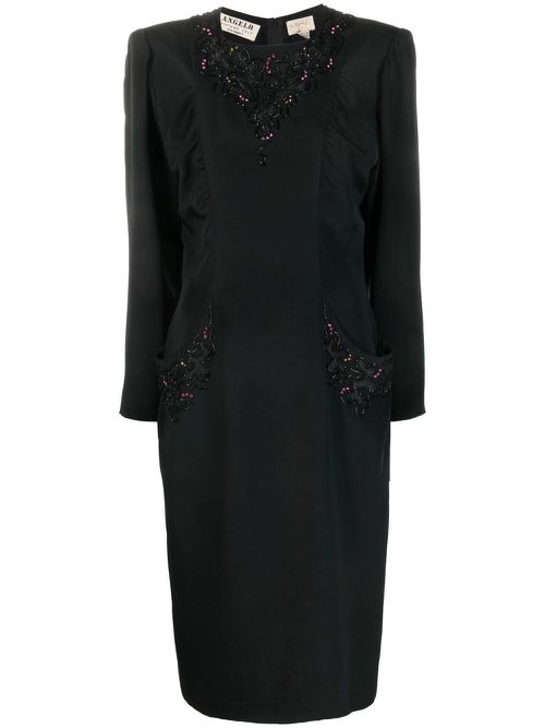 1980s embellished long-sleeved dress - Black