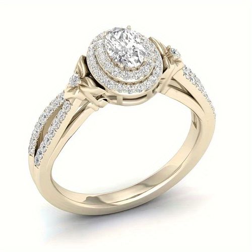 TEMU Women's Elegant Ring - Sparkling Synthetic Zirconia Center Stone, Kc Golden Plated Wedding Engagement Anniversary Jewelry Gift - Affordable