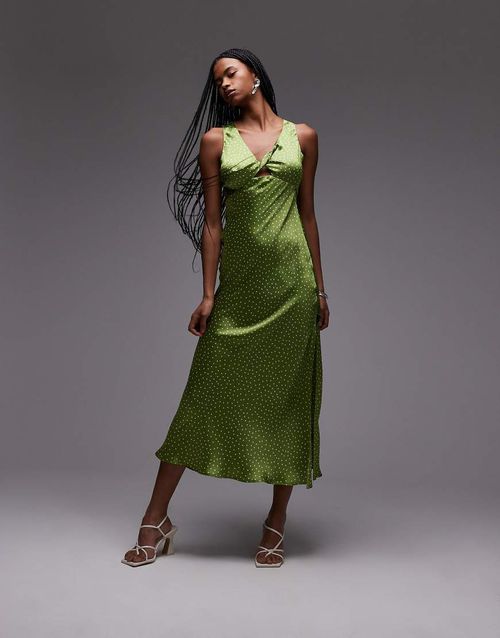 Topshop twist front midi dress in olive polka dot-Green