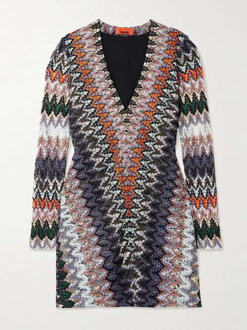 Striped Metallic Crochet-knit Mini Dress - Blue