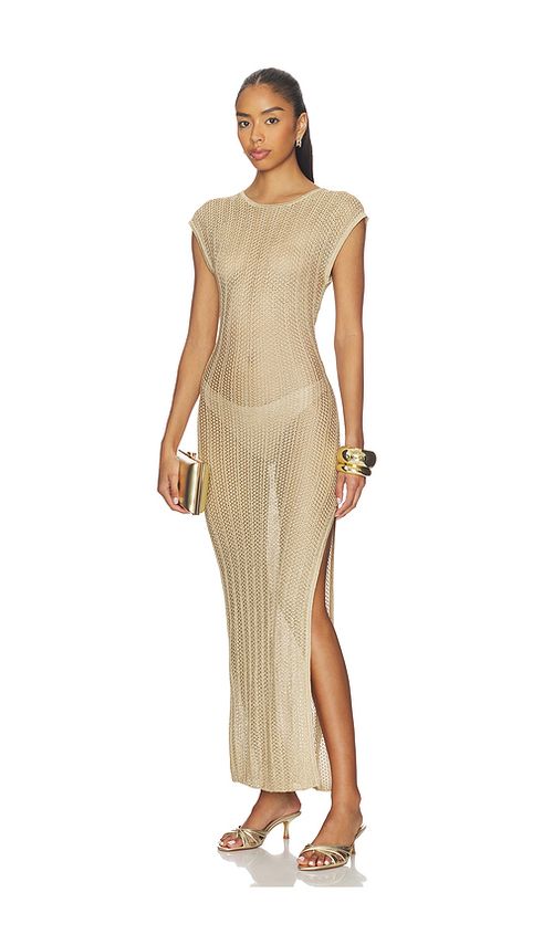 La Porte Nell Dress in Metallic Gold. XL. Also in XS