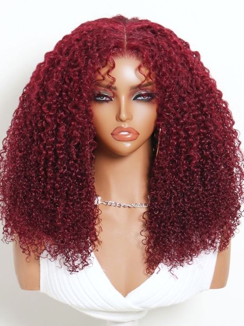 [18"=$89] UNice Bye-Bye Slip™ 7x5 Lace Glueless Cherry Red Layered Kinky Curly Wig with Soft Curly Bang