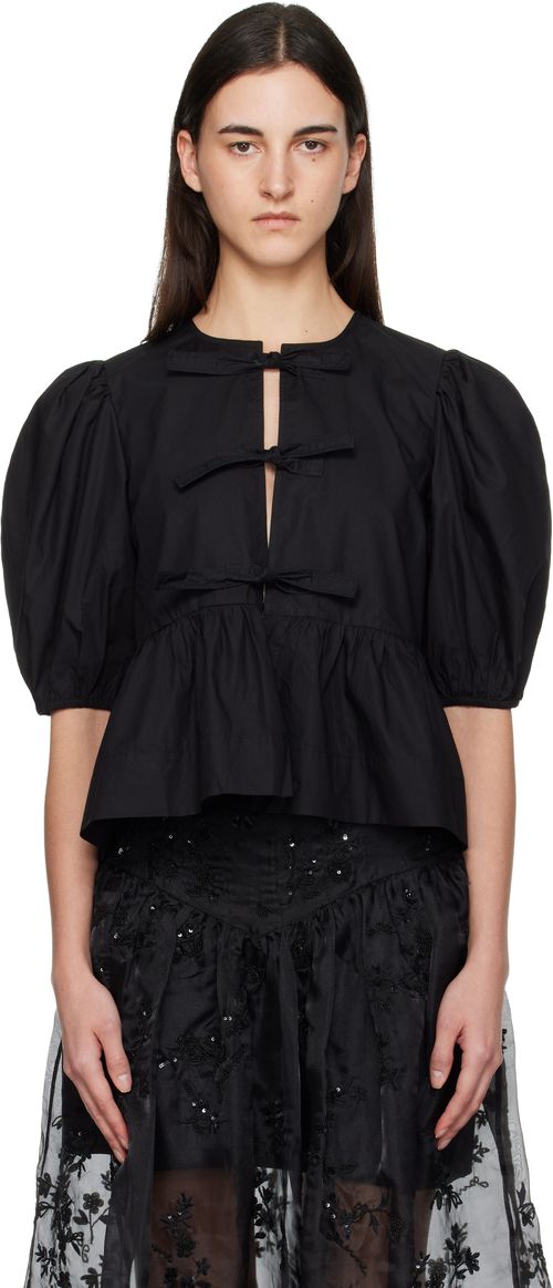 Black Cotton Poplin Peplum Tie Blouse