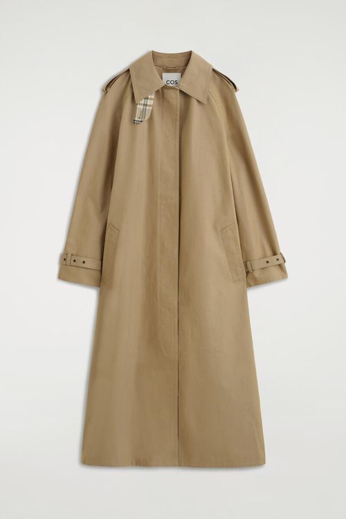 Check-Detail Belted Cotton Trench Coat