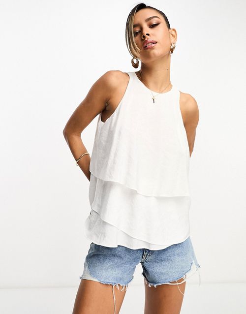 Layered satin top in white