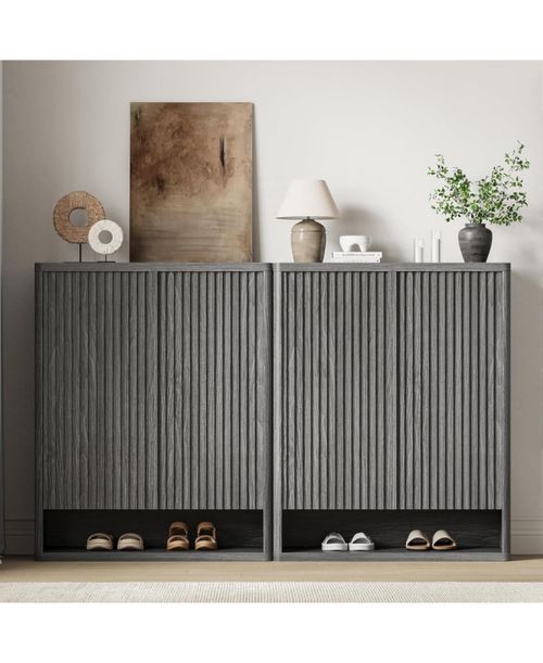 63 Inch Shoe Cabinet Large Shoe Storage Cabinet with Adjustable Shelves Wooden Shoe Organizer with Fluted Door Holds 50–60 Pairs - Grey