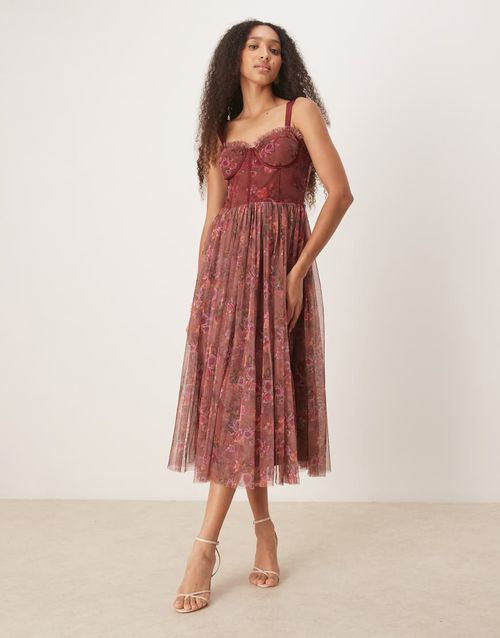 Corset tulle midaxi dress in purple floral